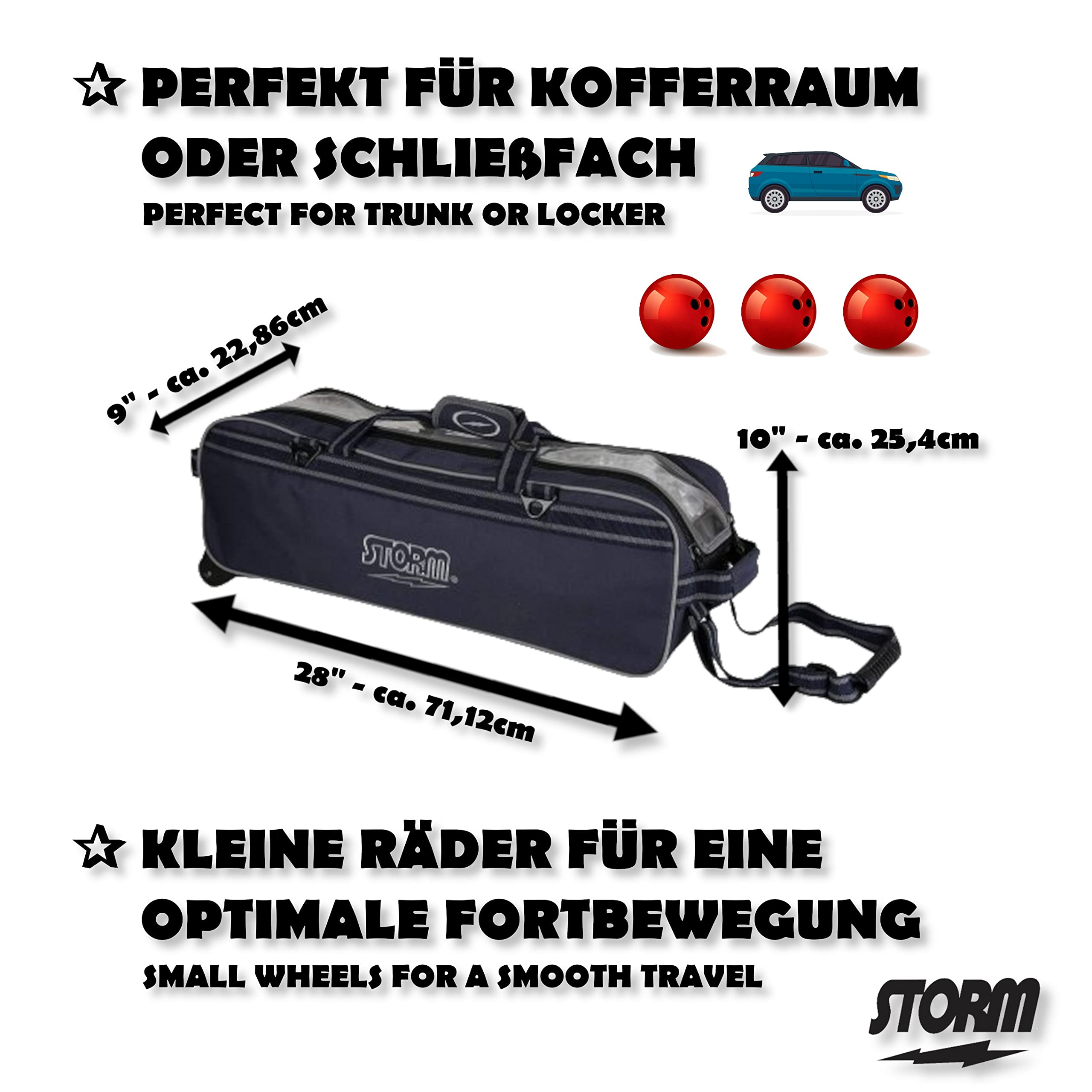 Sac de bowling pour 3 balles – Storm Tournament Triple Tote – Sac étroit à trois balles – Extrêmement léger – Fenêtre transparente – Plateau rembourré – Fermeture éclair renforcée – Noir