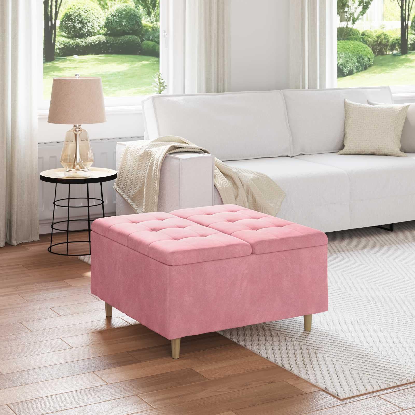 Tabouret de bar en velours rose avec espace de rangement et pieds bois