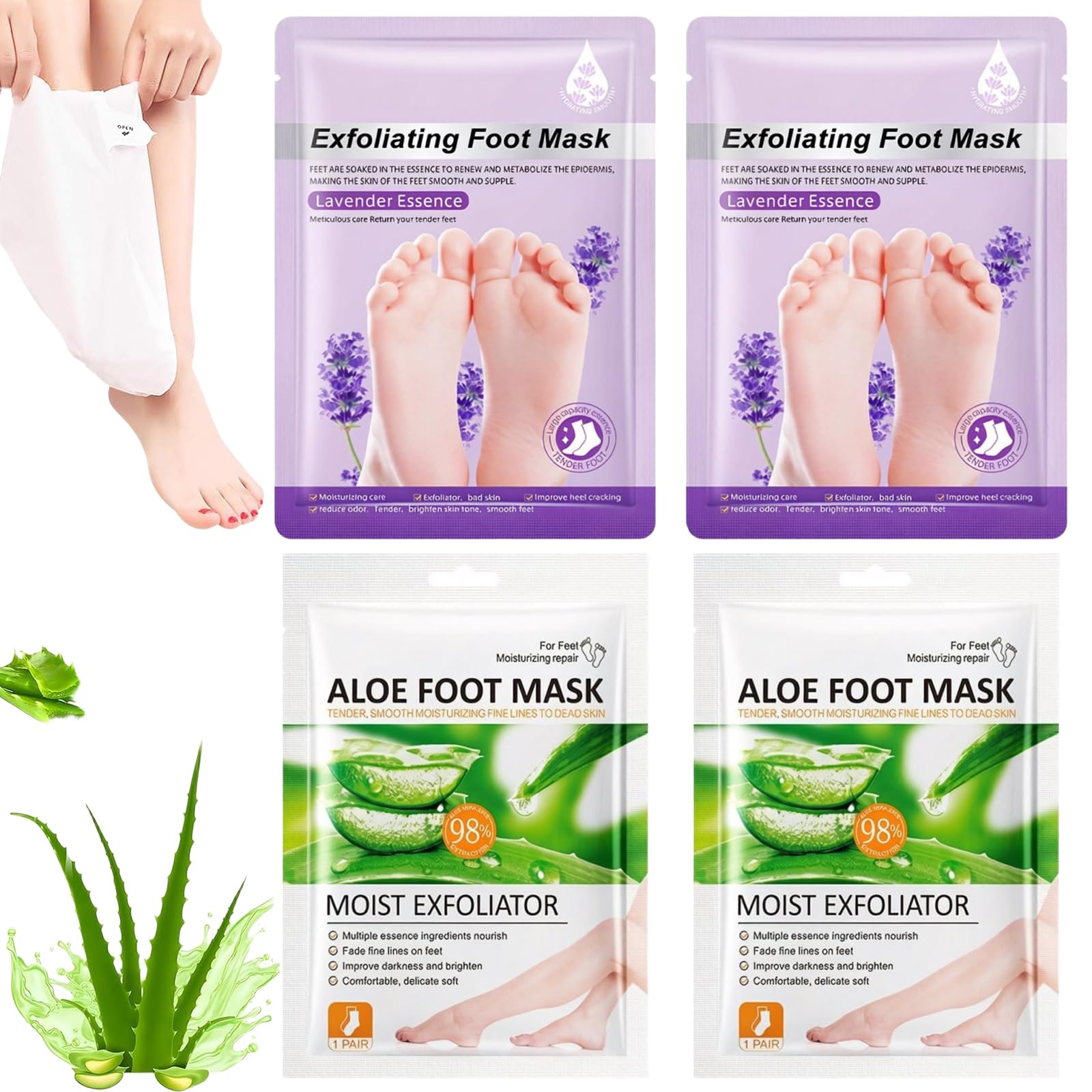 4 Paires de Masque Pied Peeling et Exfoliant, Masque Pieds Secs et Abîmés à l'Aloe Vera et Lavande, Soin Pied pour Éliminer les Callosités et Peaux Mortes, Hydratation Intense