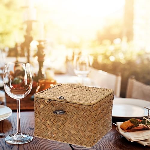 Miniatura 9 de Yardwe Cesta de almacenamiento tejida rectangular de la cubierta de la caja del tejido del pañuelo-ahorro de espacio para