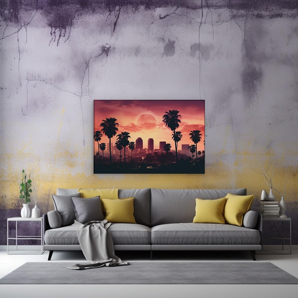Canvas for Living room. Los Angeles Sunset Splendor Embraces the Full Moon Majesty, 27 x 18 inch Canvas Wall Art - Contemporary Masterpieces - Modern Home Decor - 69x46 cm (27x18 inch)