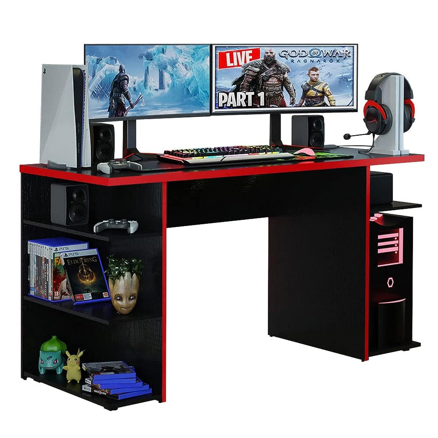 Madesa Large Modern Gaming Computer Desk 53 Inch with 5 Shelves Cable Management Student Study
