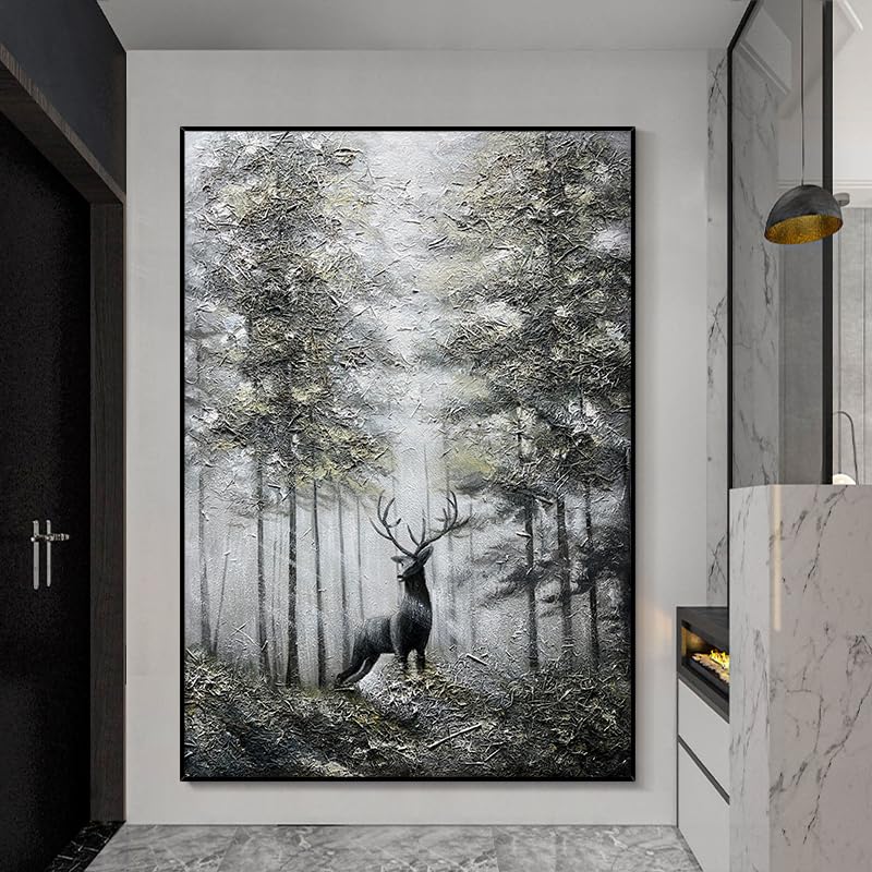 Tableau moderne pour réchauffer un salon vide avec une peinture à l'huile de cerfs forestiers