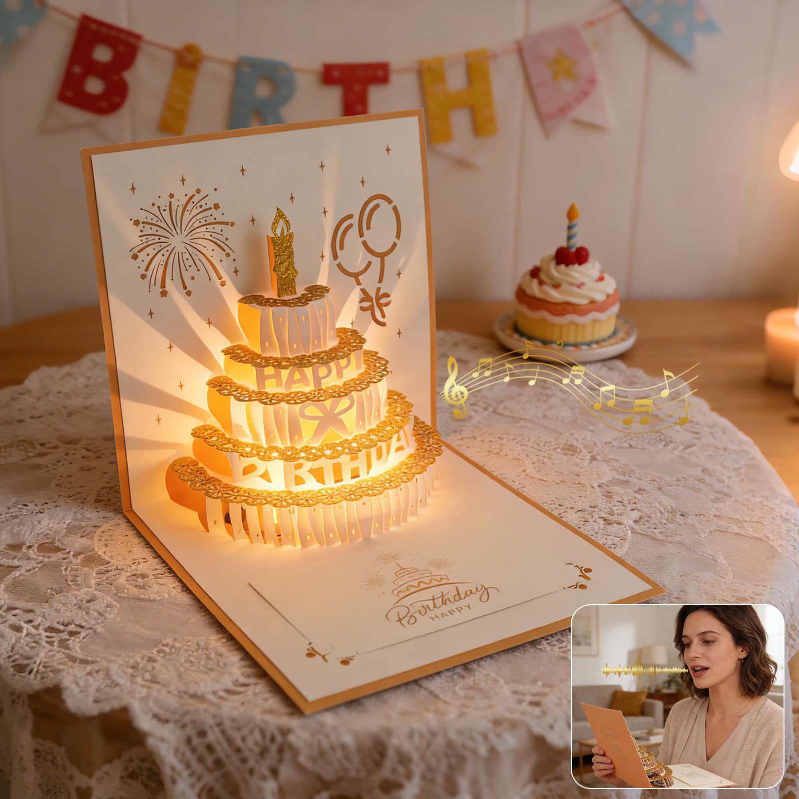 Recordable Birthday Card, 3D Pop Up Cake Card, Lights & Sound Pop up Happy Birthday Card, 3D Birthday Congratulations Card, Greeting Cards with Envelopes (Gold)
