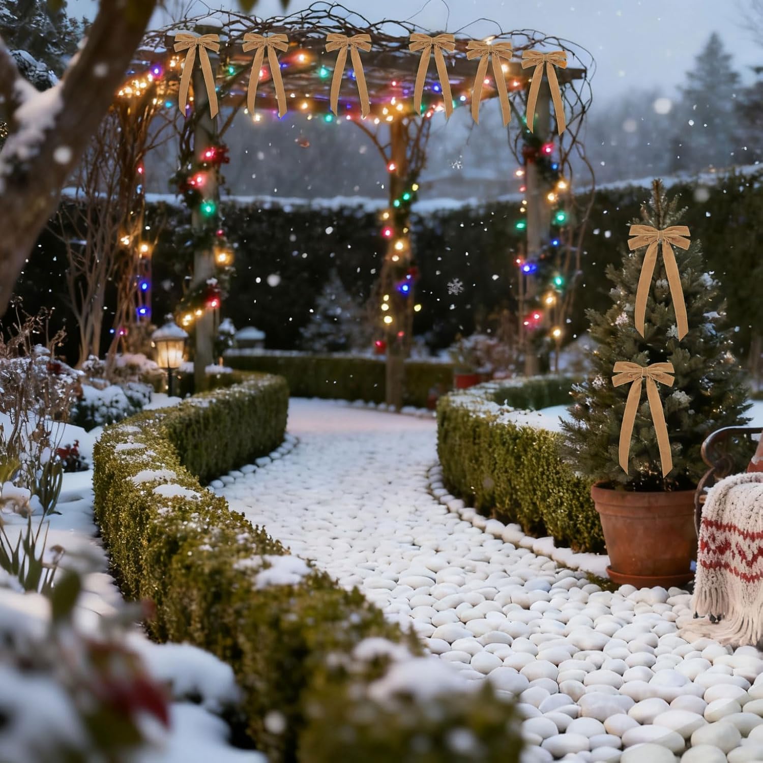 16 Pcs Champagne Christmas Bows Decor Tree Vintage Velvet Ribbon Bow Wreath Ornaments for DIY Xmas Thanksgiving Day Home Decoration Gift (5 x 10 Inch, Width of 1") - Image 5