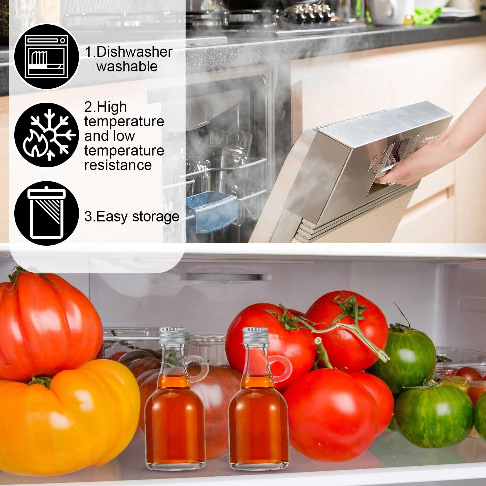 Suclain Mini-Sirupflaschen mit Aluminiumdeckel und Schlaufengriff, wiederverwendbar, Ahornsirup-Behälter, robuste Probenflaschen für Trank, Saft, Milch, Soße, Öl, 64 Stück