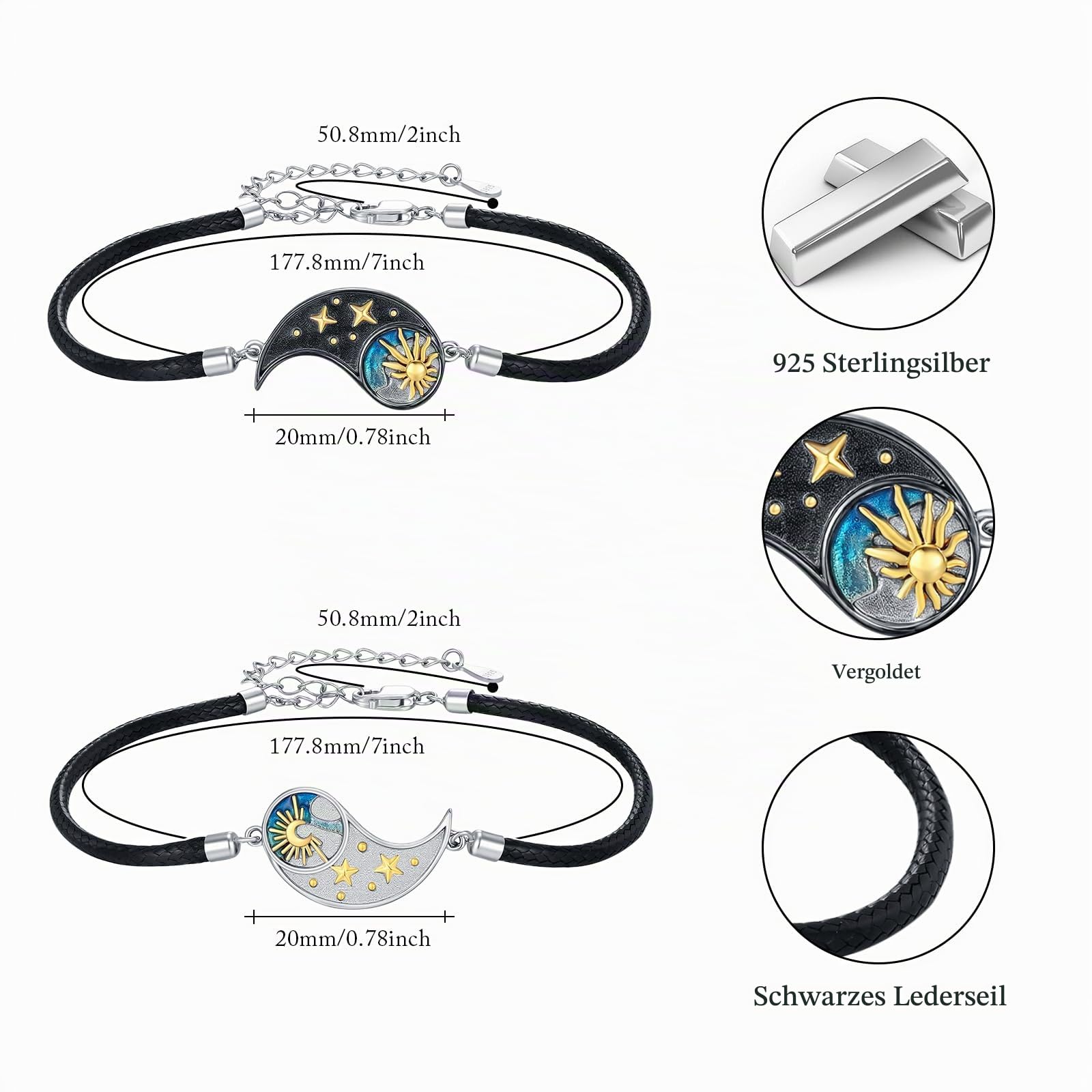 REDSUN Yin-Yang Armband 925 Sterling Silber mit Sonne, Mond & Sanduhr – Verstellbares 2 Paare Tai-Chi Partner Armbänder Yin Yang Schmuck für Damen Partner Paare Männer & Frauen Sie und Ihn