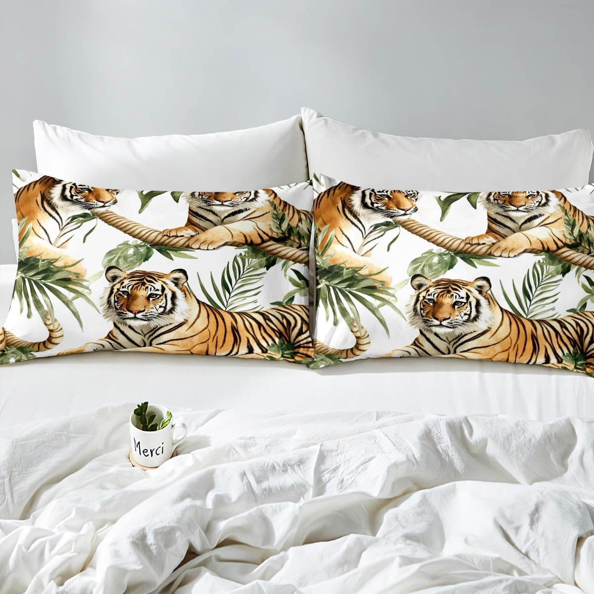 jejeloiu Tiger Fitted Sheet Queen Size Kids Wild Animal Bed Sheet Set for Boys Girls Teens Wildlife Tree Bedding Set Breathable Safari Cat Print Bed Cover Room Decor Bed Set