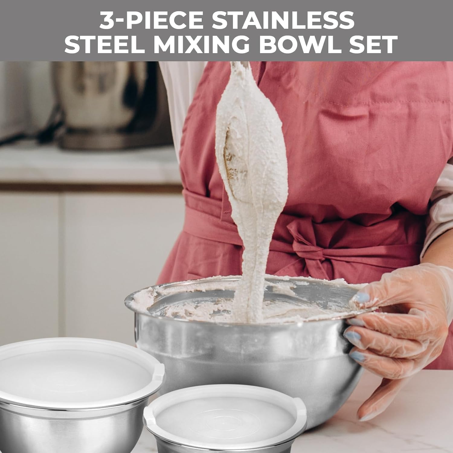 3-Piece Stainless Steel Mixing Bowl Set with Lids – Durable Bowls Dishwasher Safe, Silver