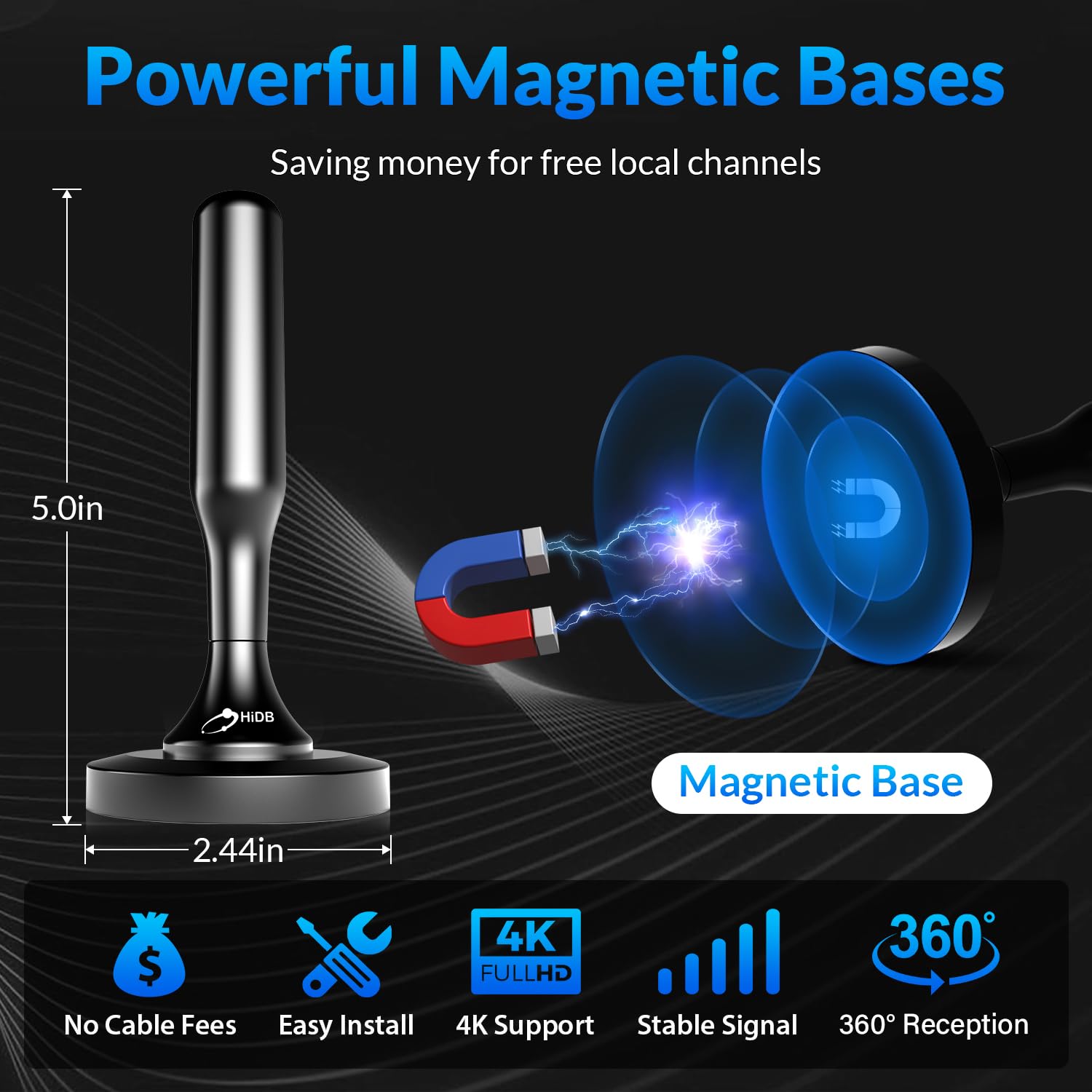 TV Antenna Indoor, TV Antenna for Smart TV Indoor, Digital Indoor TV Antenna for Local Channels with Strong Magnetic Base, Easy Installation, Long Range Reception 4K 1080P TV Antenna (Black) - 5