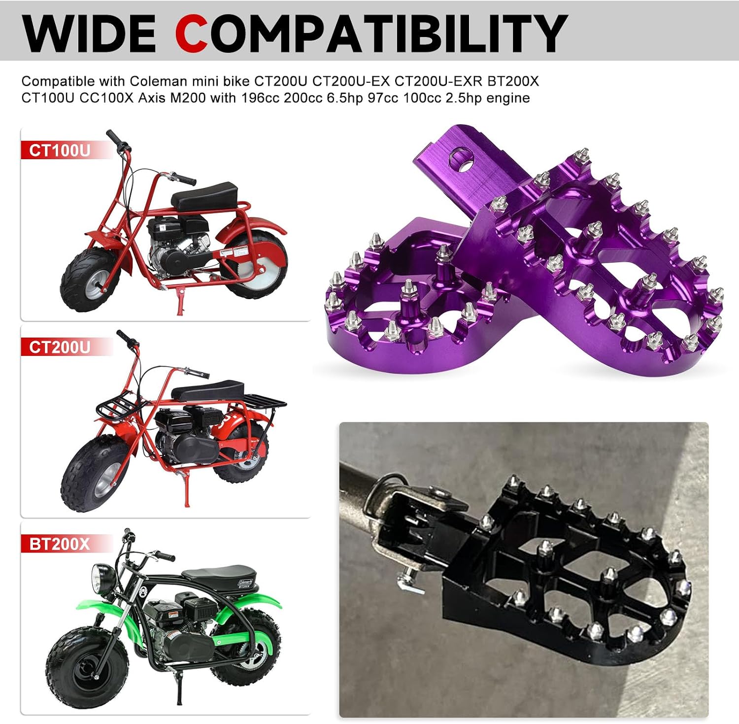 Mini Bike Foot Pegs CNC Anti-Slip Wide Footpegs for Coleman CT100U CT200U BT200X CC100X CRF XR 50 70 110 125 SSR Motorcycle Dirt Bike Pit Bike Pedals (Purple)