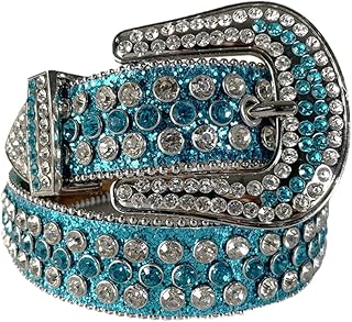 Cinturón occidental de los hombres de las mujeres hebilla de cristal incrustado diamante vintage remaches azul lago para cintura (30-33 pulgadas), Lago Azul