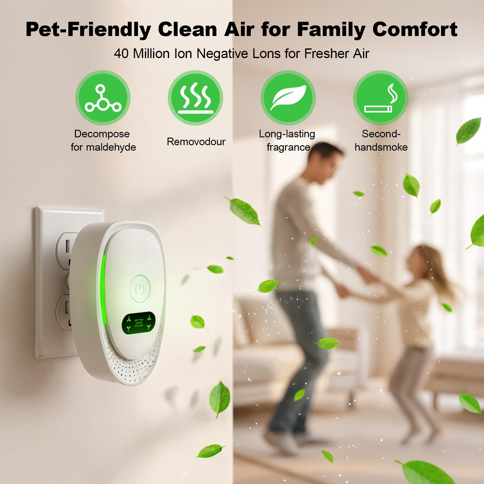 Purificatore d’Aria Plug-In per Casa e Camera, Mini Ionizzatore a Ioni Negativi, Rimuove Odori di Fumo/Animali/Scarpe, Silenzioso e Senza Filtro, per Cucina/Ufficio/Bagno, Confezione da 2 - 2