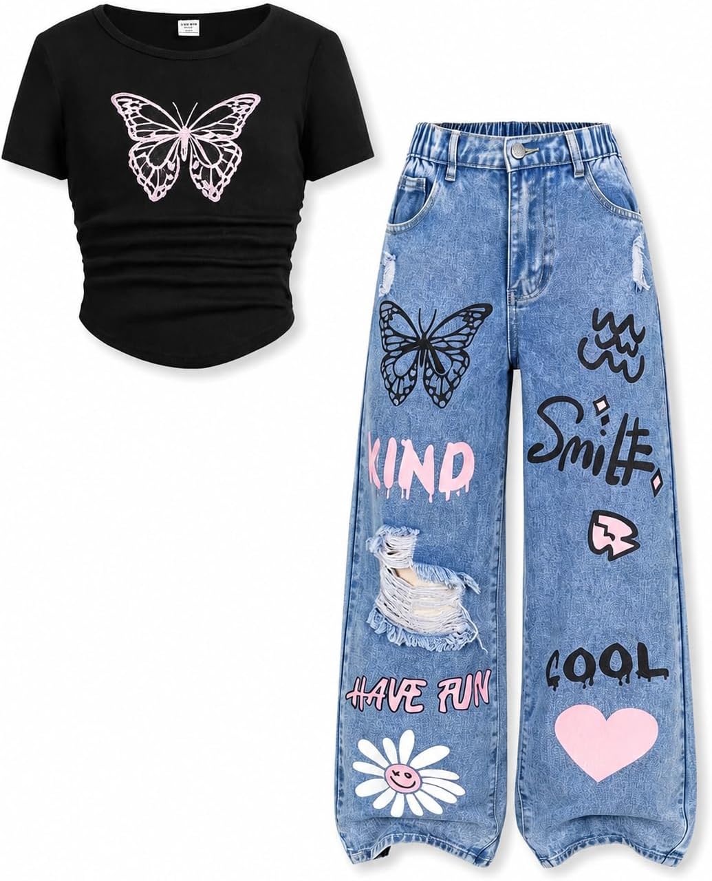 Teen Girls 2PCS Outfits Butterfly Print Crop Tops & Graffiti Ripped Wide Leg Denim Pants Girls Clothing Set 7-14Y