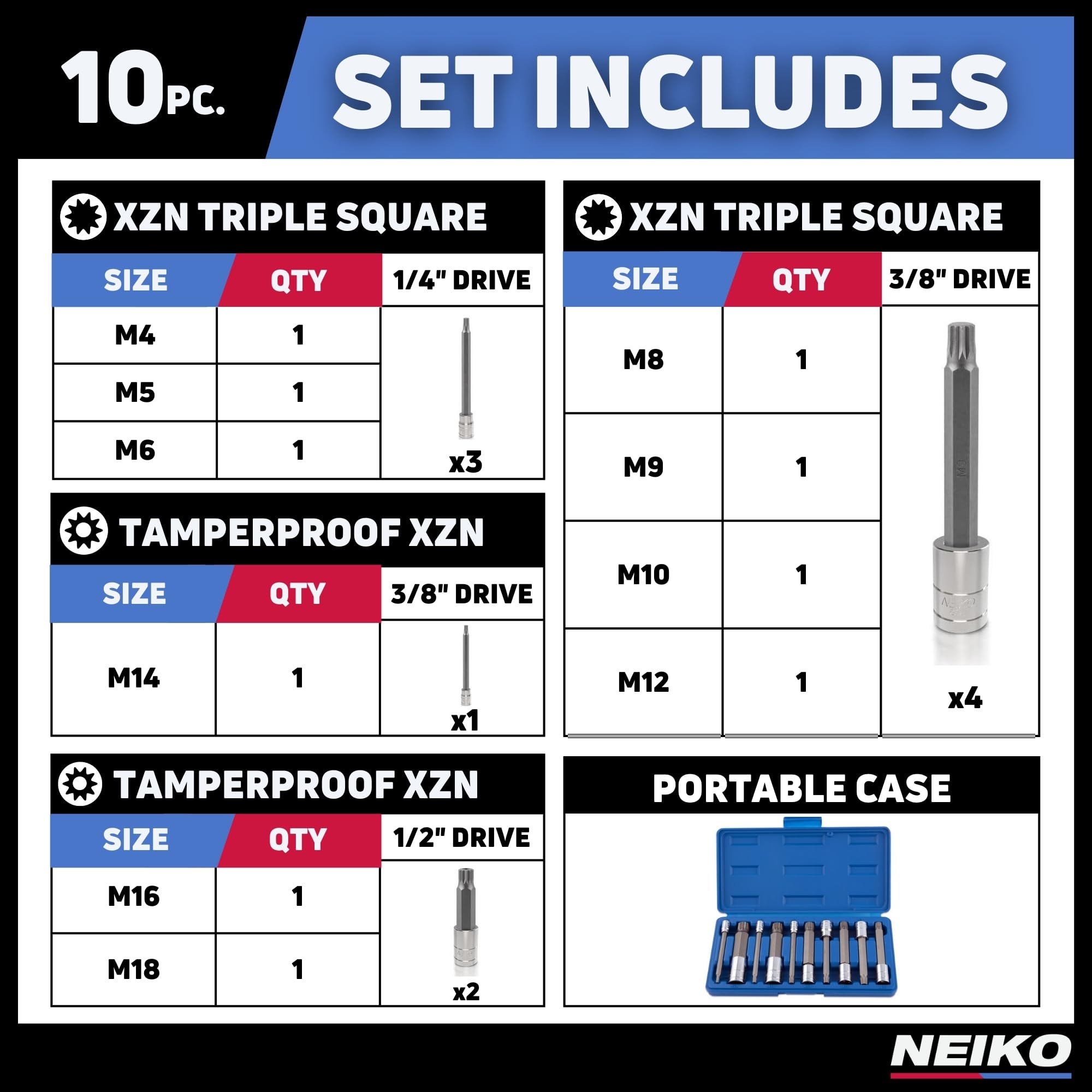 Neiko® 10054 a 10,2 cm extra lungo Xzn Triple Square spline bit socket set, S2 Steel |, da pezzi