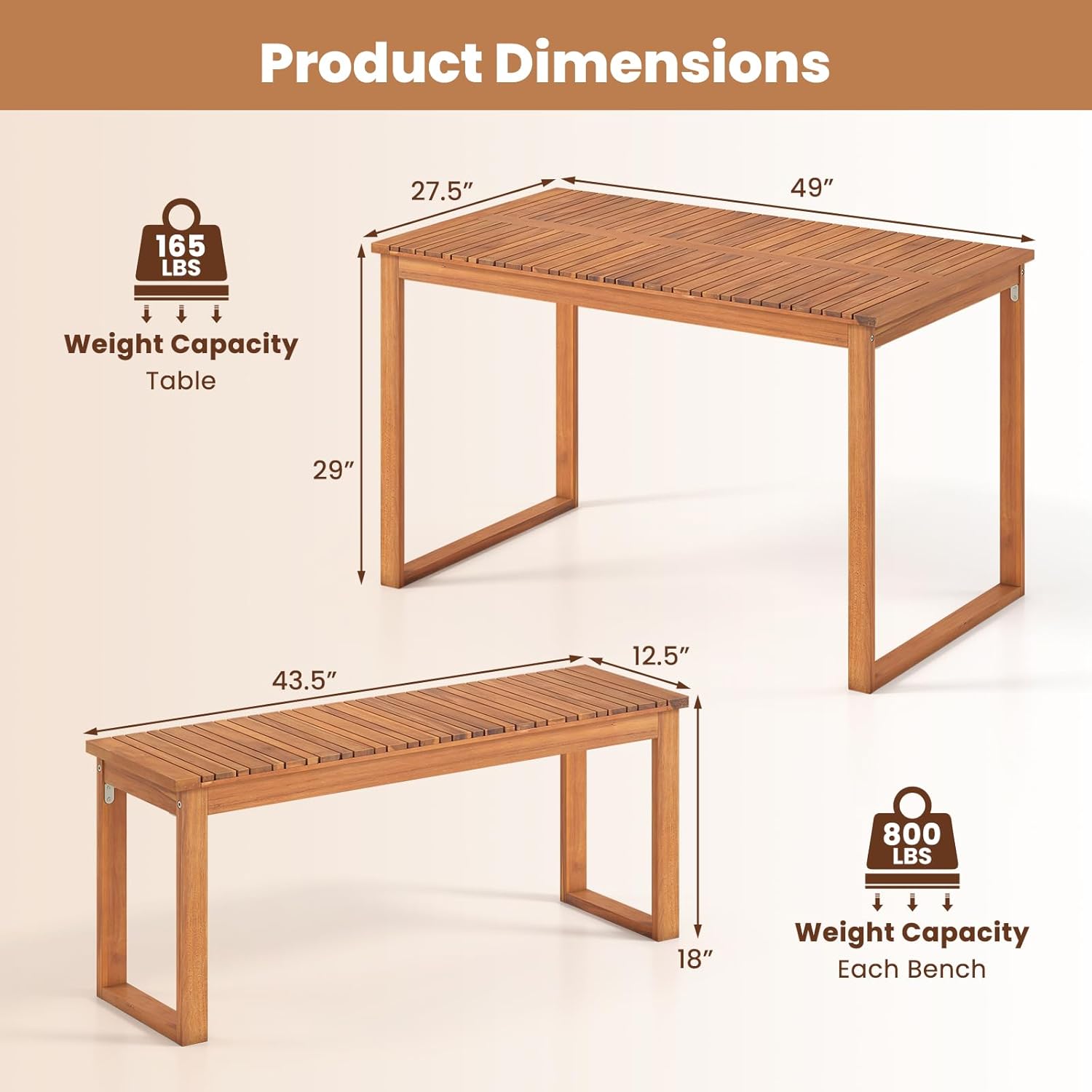 Tangkula 3 Pieces Patio Wooden Dining Set, Acacia Wood Rectangular Picnic Beer Table with 2 Benches for 4 People, Outdoor Dinner Furniture Set for Backyard, Garden and Poolside