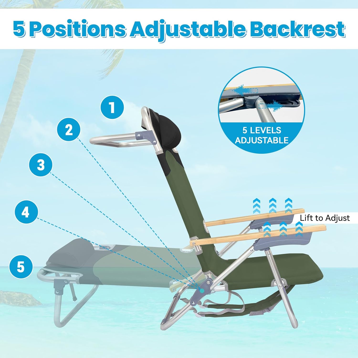 2 Pack Low Backpack Beach Chair with Folding Bamboo Table for Adults, 5-Position Lay Flat Reclining Chair Lightweight with Cooler Bag Supports 265 lbs