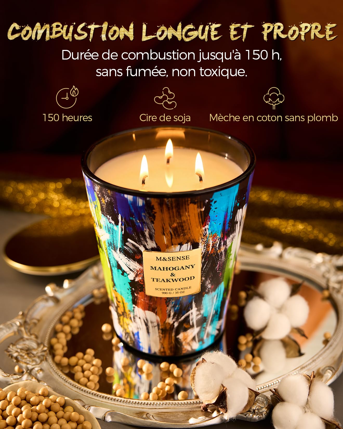 M&SENSE Grande Bougie Parfumée 3 Mèches, 990g Cire de Soja Acajou et Bois de Teck, 150 Heures, Bougie Décorative Luxe Verre Peinture à l'Huile, Cadeau Maison Bureau Concentration Homme Femme
