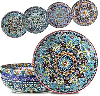 glowworm Pasta Bowls Set of 4, 42 oz Ceramic Salad Bowls for Kitchen, La...