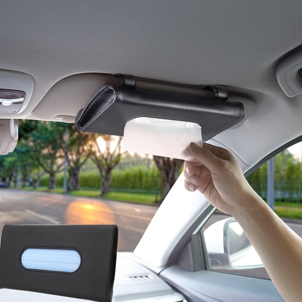 BANCHELLE Car Tissue Holder Visor, Tissue Dispenser, Box Holder for Auto, Napkin Holder PU Leather for Car Sun Visor Seat Backseat Black, 1 Piece