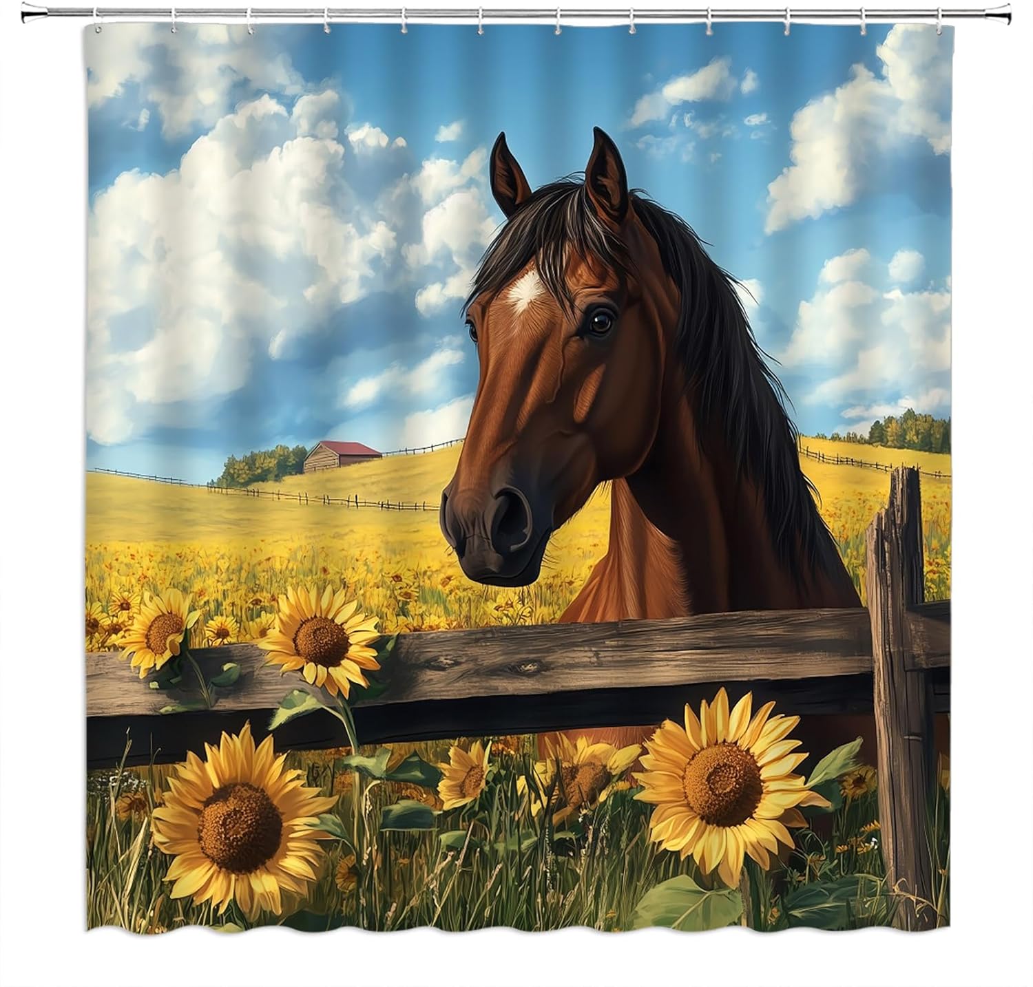 Horse Extra Long Shower Curtain,Rustic Animal Sunflower Field Farmhouse Brown Yellow Bathroom Home Curtain Decor with Hooks,70x78 Inch