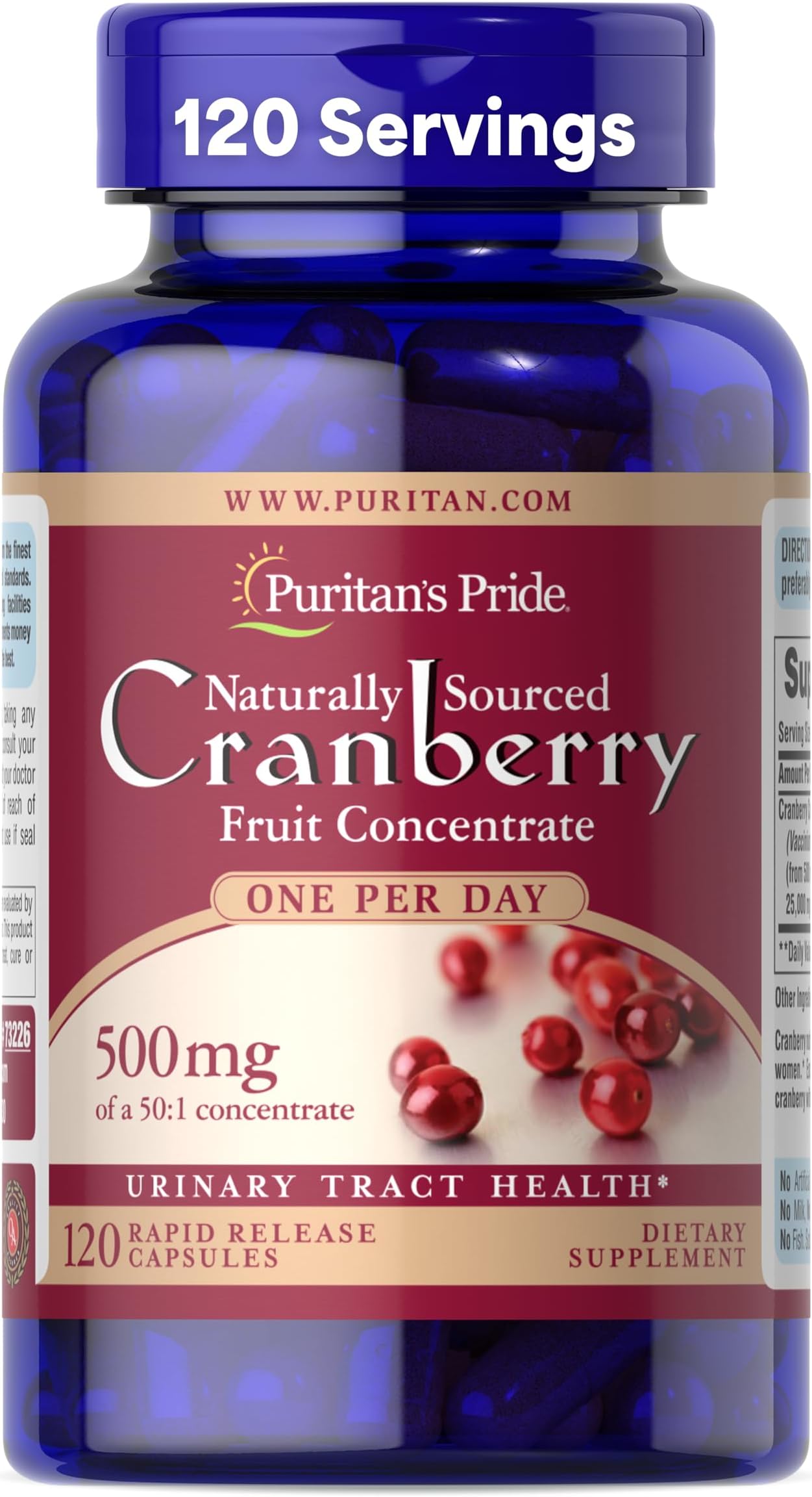 Naturally Sourced Cranberry One Per Day Fruit Concentrate 500mg, 50:1 Dietary Supplement for Urinary Tract Support, 4 Month Supply, 120 Rapid Release Capsules
