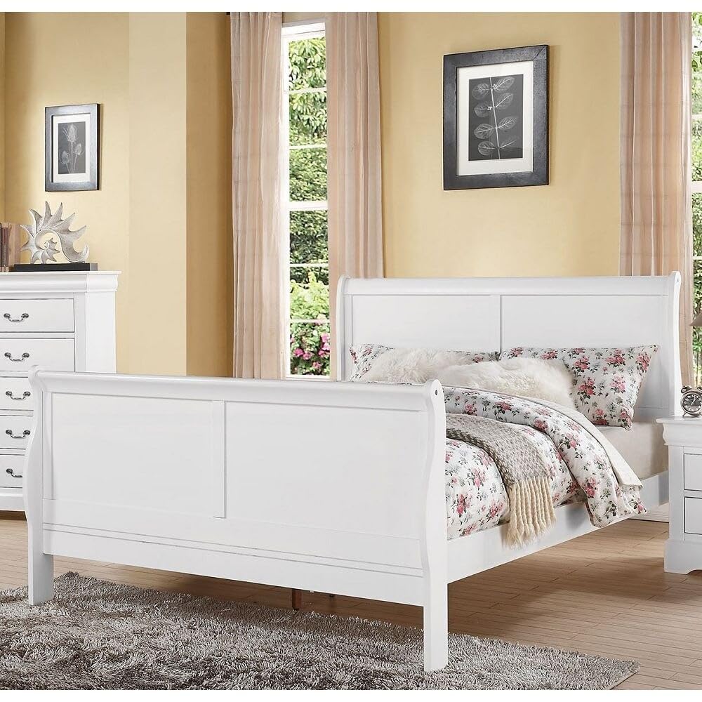 Louis Philippe Eastern Solid Pine King Bed Sleigh Bed in White with Slats & Headboard & Footboard Queen