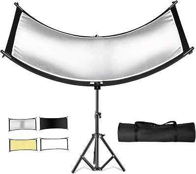 Clamshell Light Reflector Diffuser with Light Stand Kit, 70"x24"/180x60cm Photography Arclight Curved Lighting Reflector, 28"/70cm Floor Tripod Stand for for Photo Video Studio Outdoor Shooting
