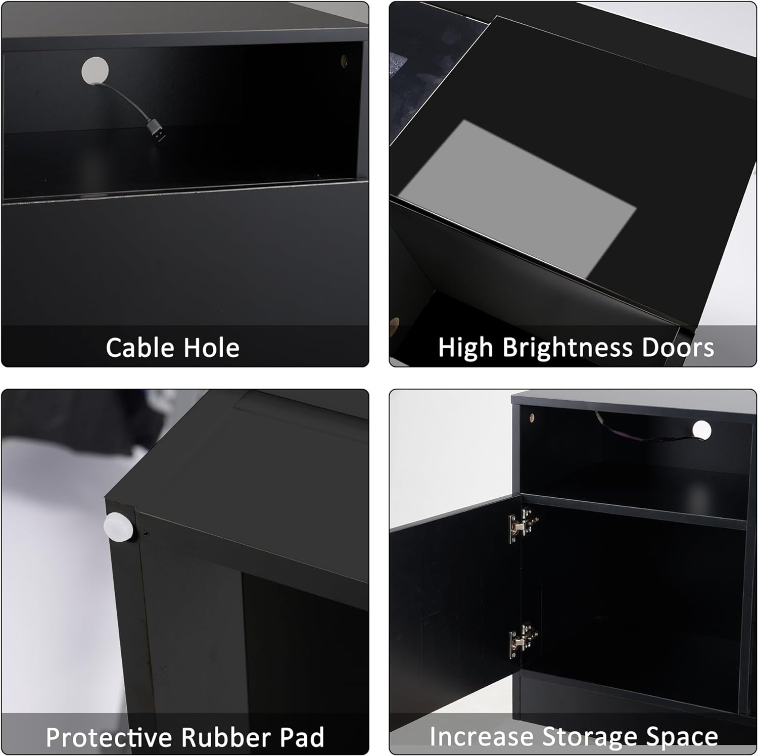 Black 70'' TV Stand with 36'' Electric Fireplace and LED Lights