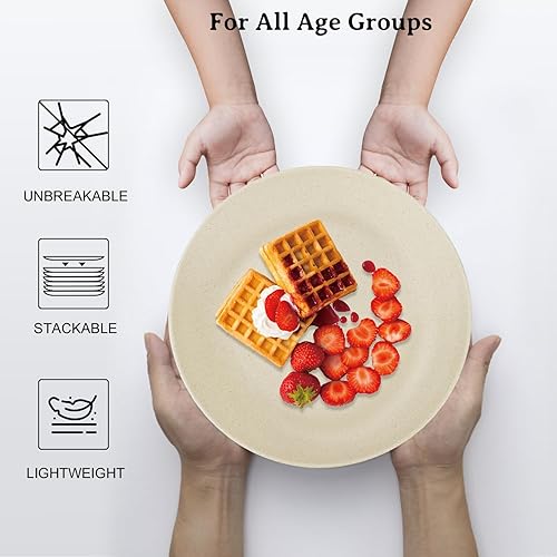 Miniatura 5 de Juego de 8 platos llanos de paja de trigo irrompibles de 10 pulgadas, platos de plástico aptos para lavavajillas y microondas reutilizables, platos