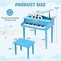 Vista 7 de Goplus Piano de juguete clásico para niños de 30 teclas, mini piano de madera estilo grand con banco, tapa para piano, estante para música, juguete