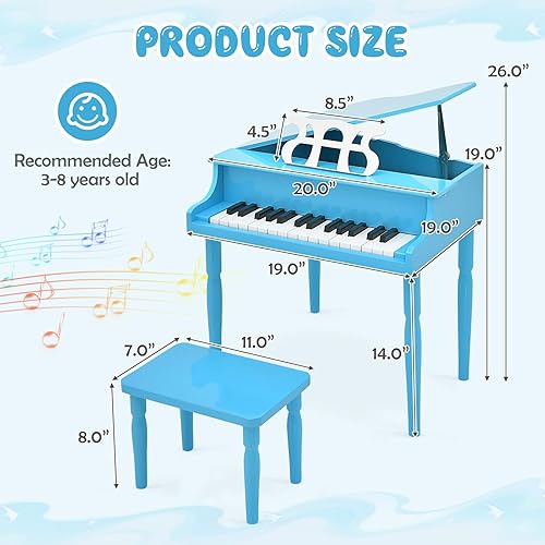 Miniatura 7 de Goplus Piano clásico de 30 teclas para niños, mini piano de cola de madera para aprender a tocar instrumento musical con banco, tapa de piano,