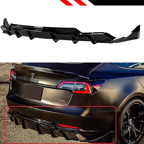 Difusor de parachoques trasero de aleta de tiburón negro brillante pintado de alto rendimiento con extensiones de esquina compatible con Tesla Model