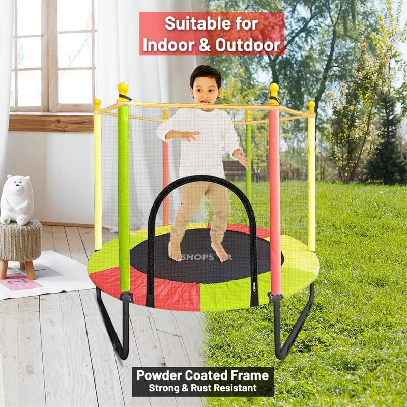 Image of Shopster 55 inch Kids Silent Trampoline with Safety Enclosure Net & Spring Pad, Indoor & Outdoor Powerful Loading Capacity for Children