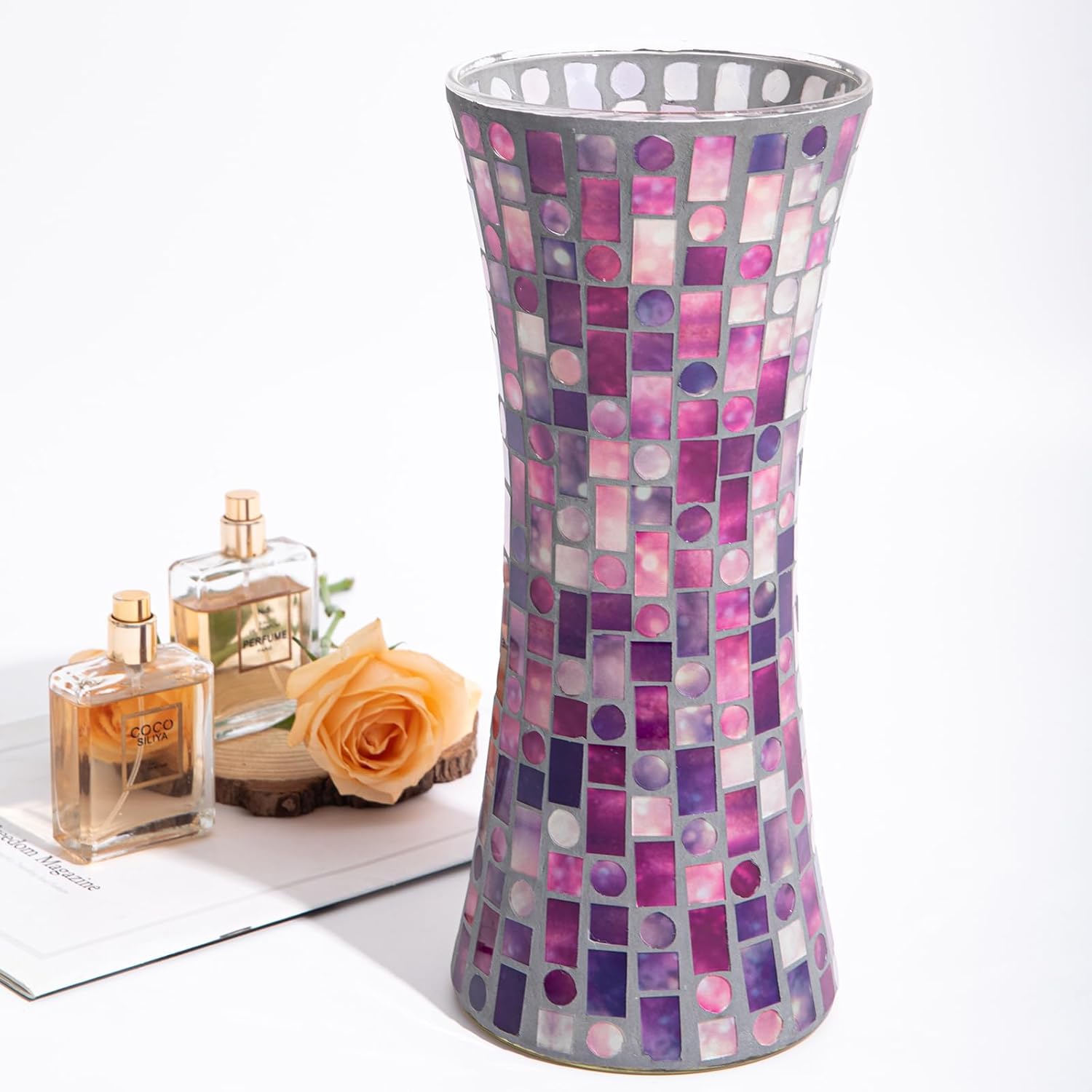 Mosaic Glass Vase, 11.8" H, Handmade, Home Decor Vase, Beautiful Decoration for Living Room Bedroom Bouquets, Purple Red