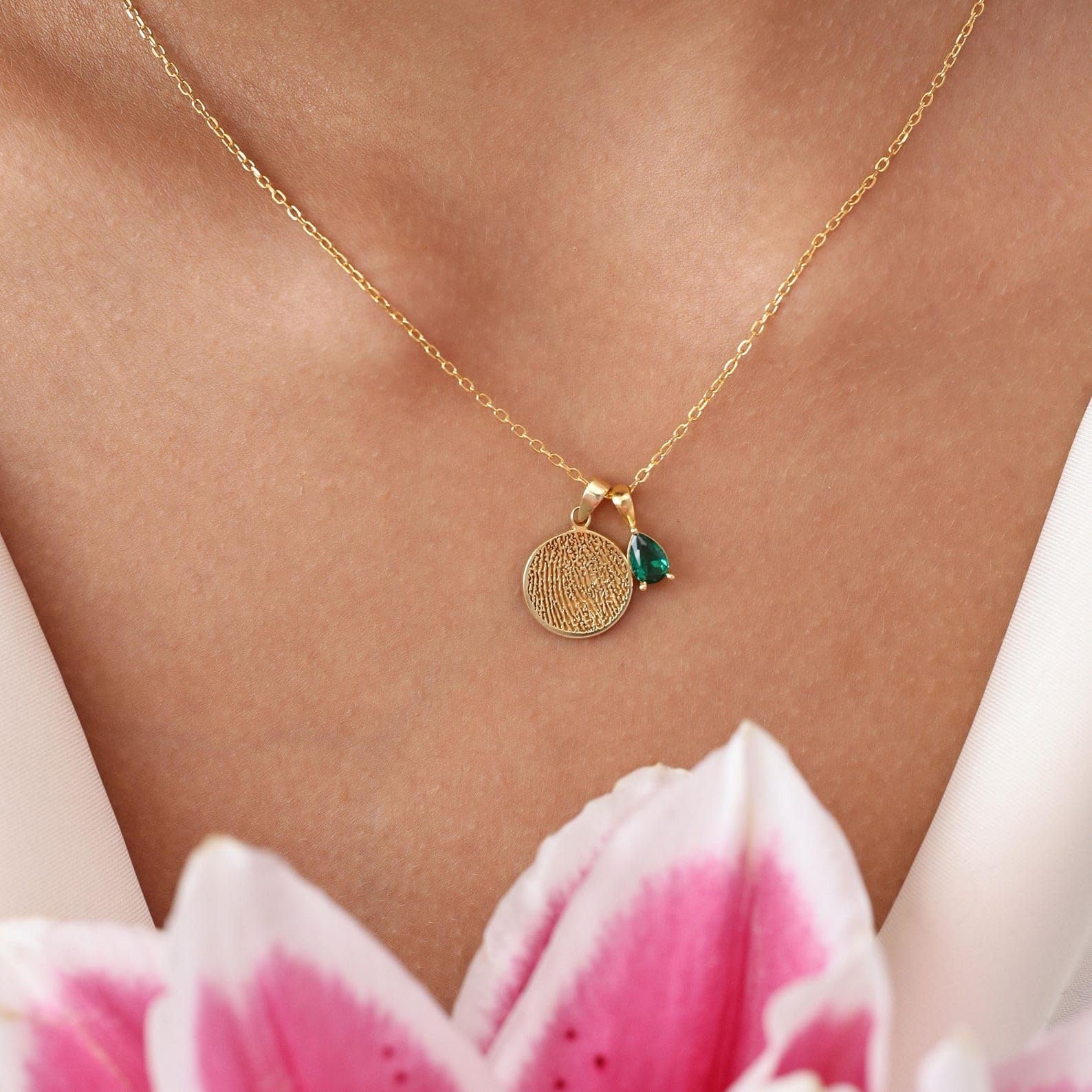 Collar con dije circular y huella dactilar y piedra de nacimiento | Collar circular con huella dactilar real | Día de la Madre - Navidad