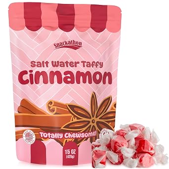 Snackathon Salt Water Taffy Single Flavor, Cinnamon, Bulk Individually Wrapped Gourmet Candy, Soft & Chewy Sweet Treats, 15 oz Resealable Bag