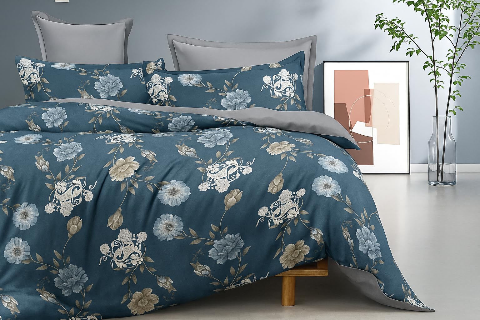 King Size Super Soft Wrinkle resistant Cotton Microfiber Mix floral 3 Pcs Bedsheets Set [1 Flat Sheet (W 270 X L 250) + 2 Pillowcases (75 X 50)] Steel Blue Color
