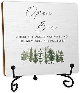 Open Bar Wooden Desk Sign, Wedding Open Bar Watercolor Forest Wood Plaque With Stand for Wedding Ceremony and Reception Event Party Desk Tabletop Shelf Decor