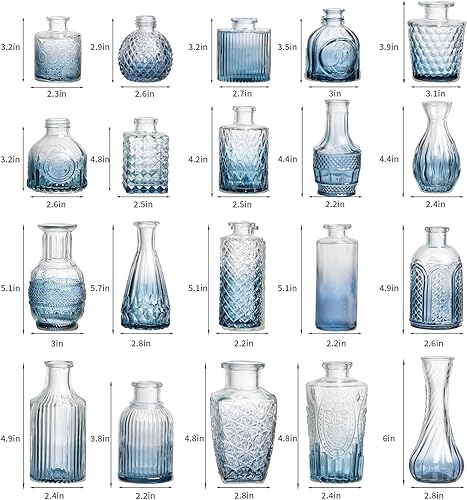 Miniatura 7 de Juego de 20 jarrones de cristal, jarrones pequeños para flores a granel, jarrones de cristal vintage surtidos para flores, centros de mesa (azul, 20