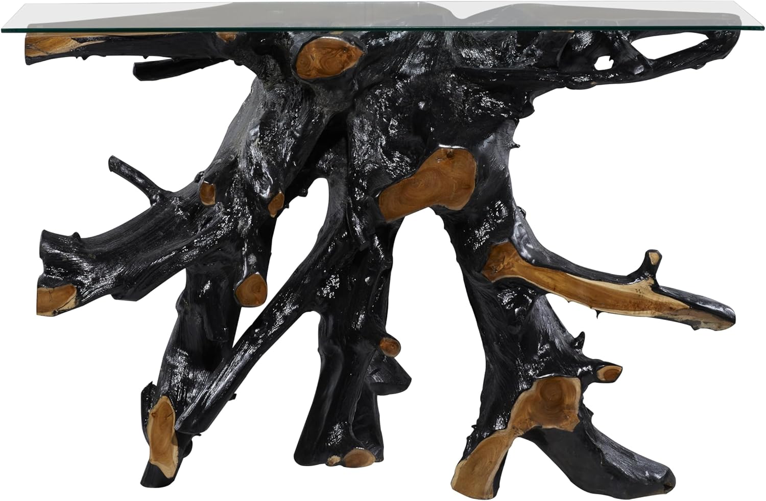 Deco 79 Teak Wood Live Edge Tree Stump Console Table with Clear Glass Top, 49" x 16" x 32", Black