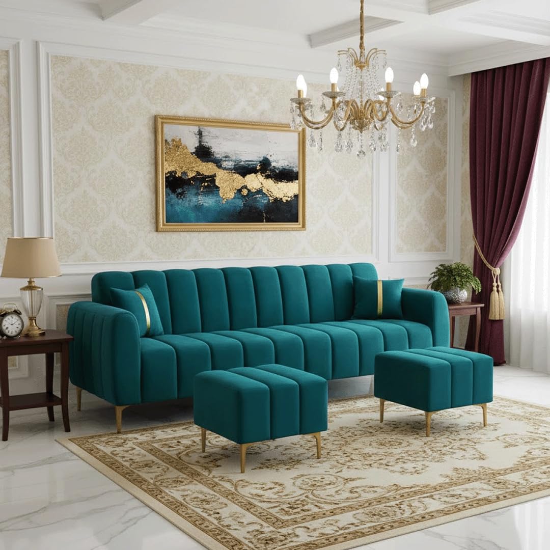 Harmonica 3 Seater Modular L Shape Sofa Set with 2 Ottoman| Soft Velvet Upholstery, Sturdy Wooden Frame | Modern Sofa for Living Room, Hall & Office Spaces (Aqua Blue)-image-34