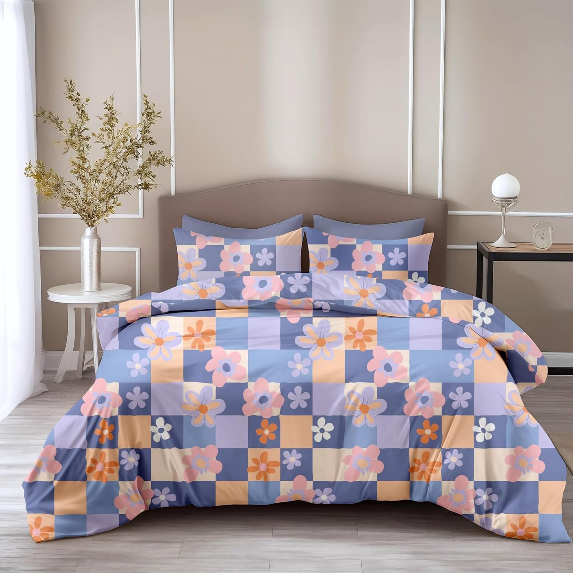 LORETO - A QUALITY LINEN BRAND 100% Pure Cotton Bedsheet for Double Bed, 144TC Soft & Breathable Double Bed Bedsheet with 2 Pillow Covers (Pastel Floral Checkered, 88 x 90 Inches)