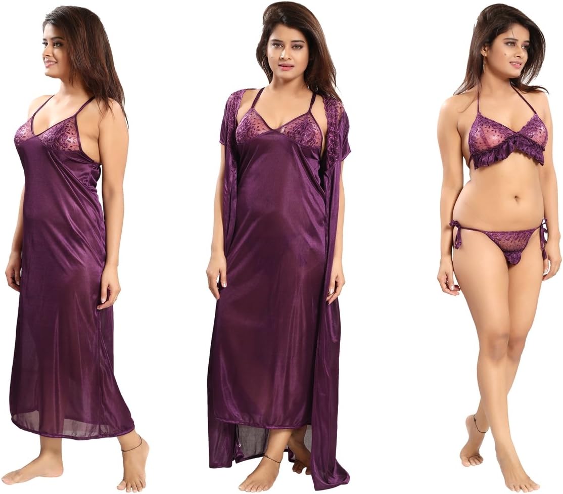 REPOSEY Women's Satin Nightwear Free Size Set of 4 Pcs Robe with Nighty,Bra & Thong