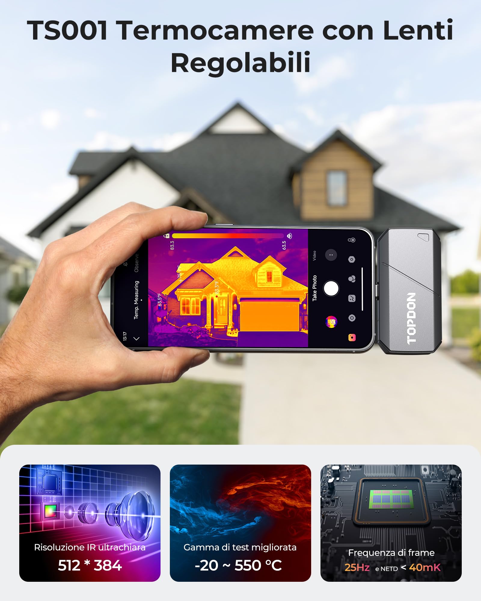 TOPDON Termocamera TS001 per Android, lente regolabile da 9mm, campo di osservazione da 0,1 a 500 metri, 512 x 384 IR, 25Hz, Termocamera con messa a fuoco manuale per applicazioni elettriche, esterni
