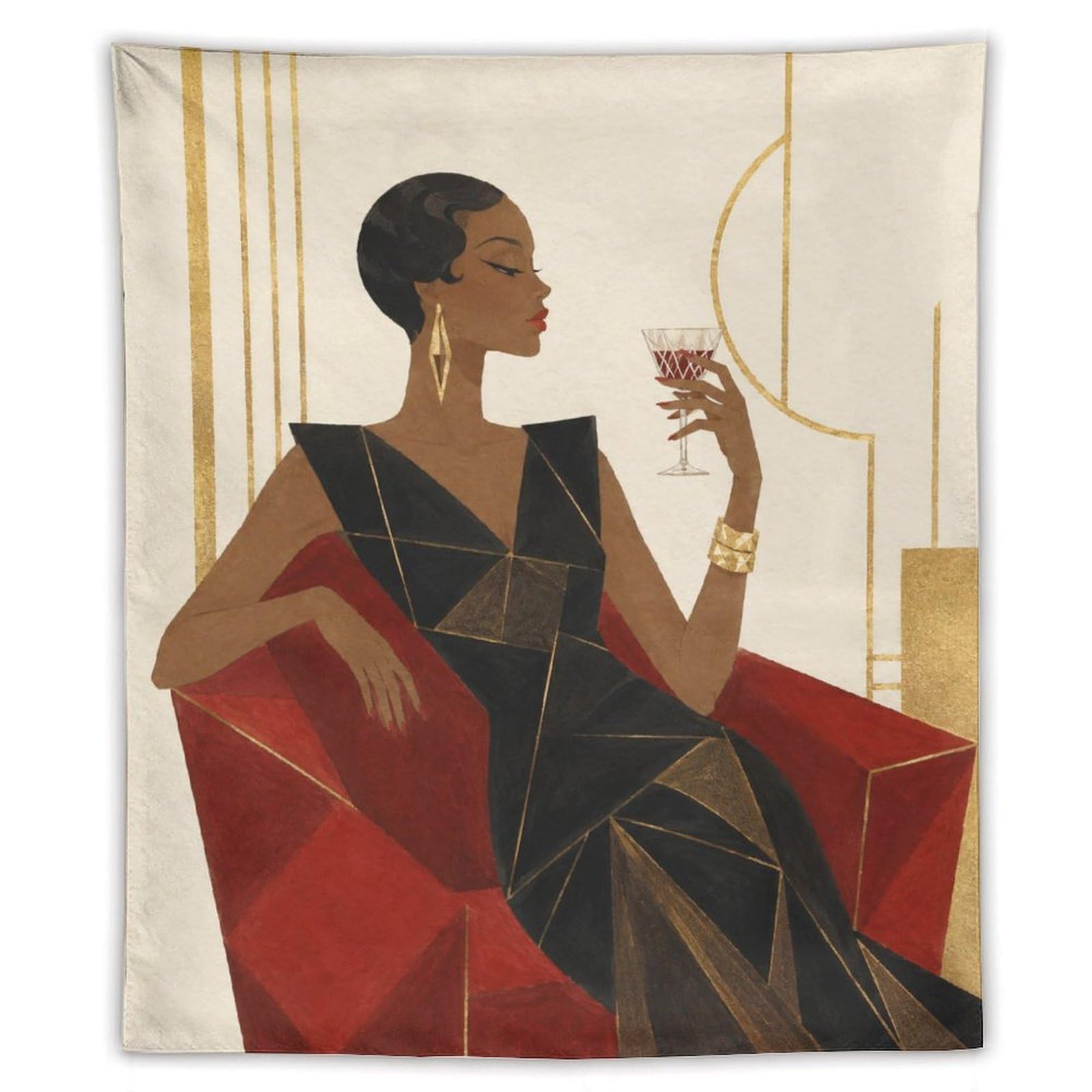 W7C8U2X3 Elegant Woman with Wine Wall Tapestry, Geometric Art, Entryway