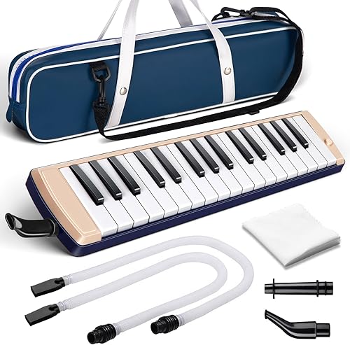 CAHAYA Melodica Instrument 32 Teclas Boquilla de doble tubo de aire Piano Teclado Instrumento musical Regalo con bolsa de transporte Beige Azul
