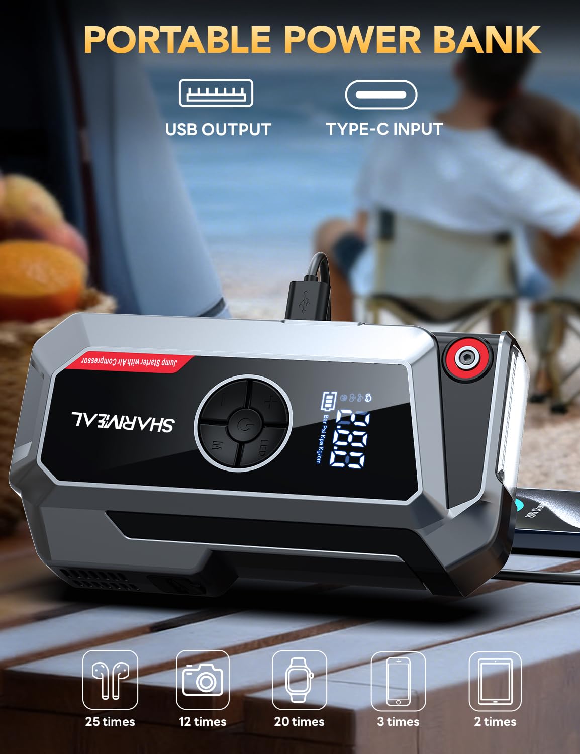 SHARMEAL 10000A 200PSl Compressore d'aria portatile per impieghi gravosi e avviatore di emergenza con display digitale, batteria per auto multifunzione 7 in 1, batteria al litio vari adattatori