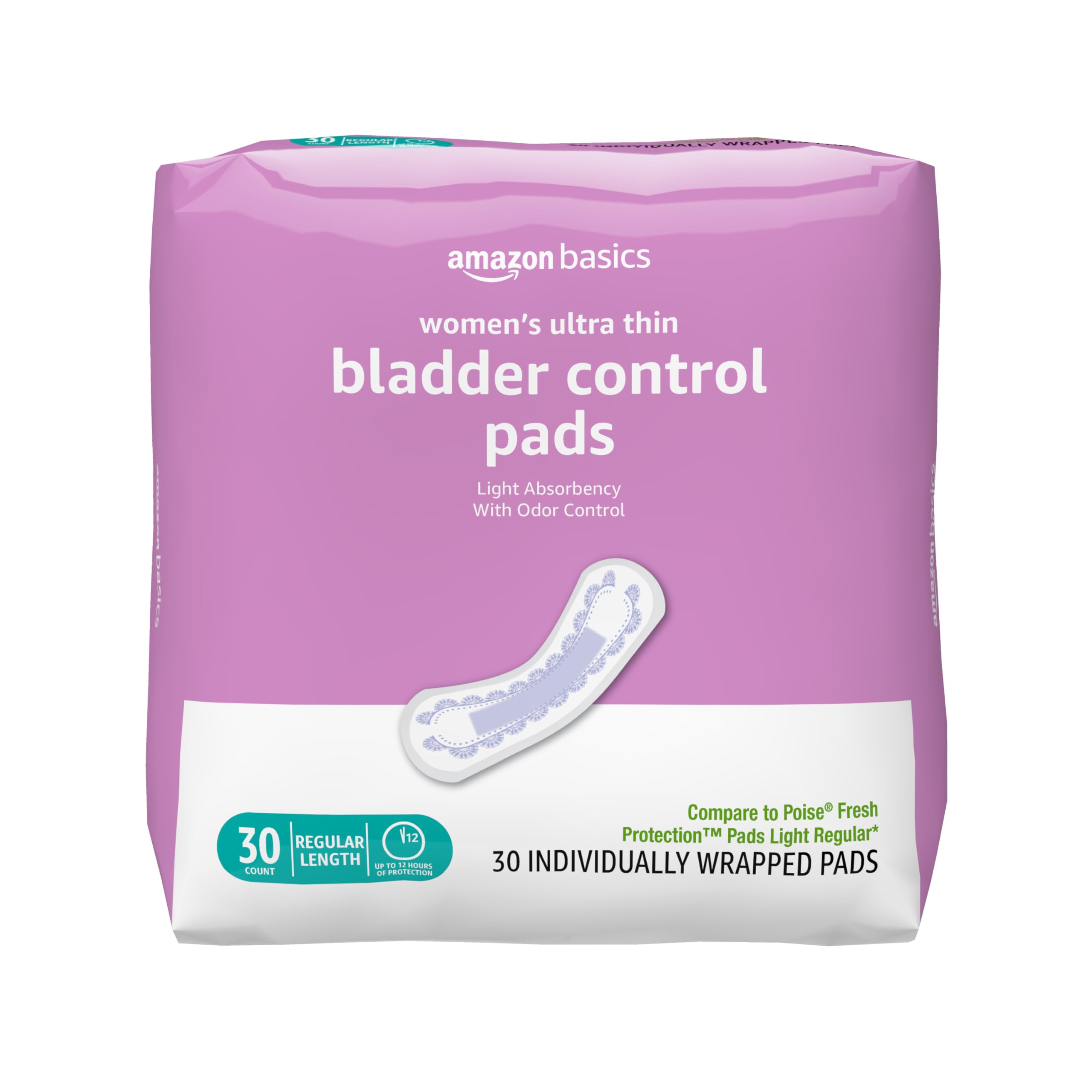 Amazon Basics Women's Incontinence Pads, Bladder Control & Postpartum, Light Absorbency, Unscented, 30 Count, (1 Pack of 30)