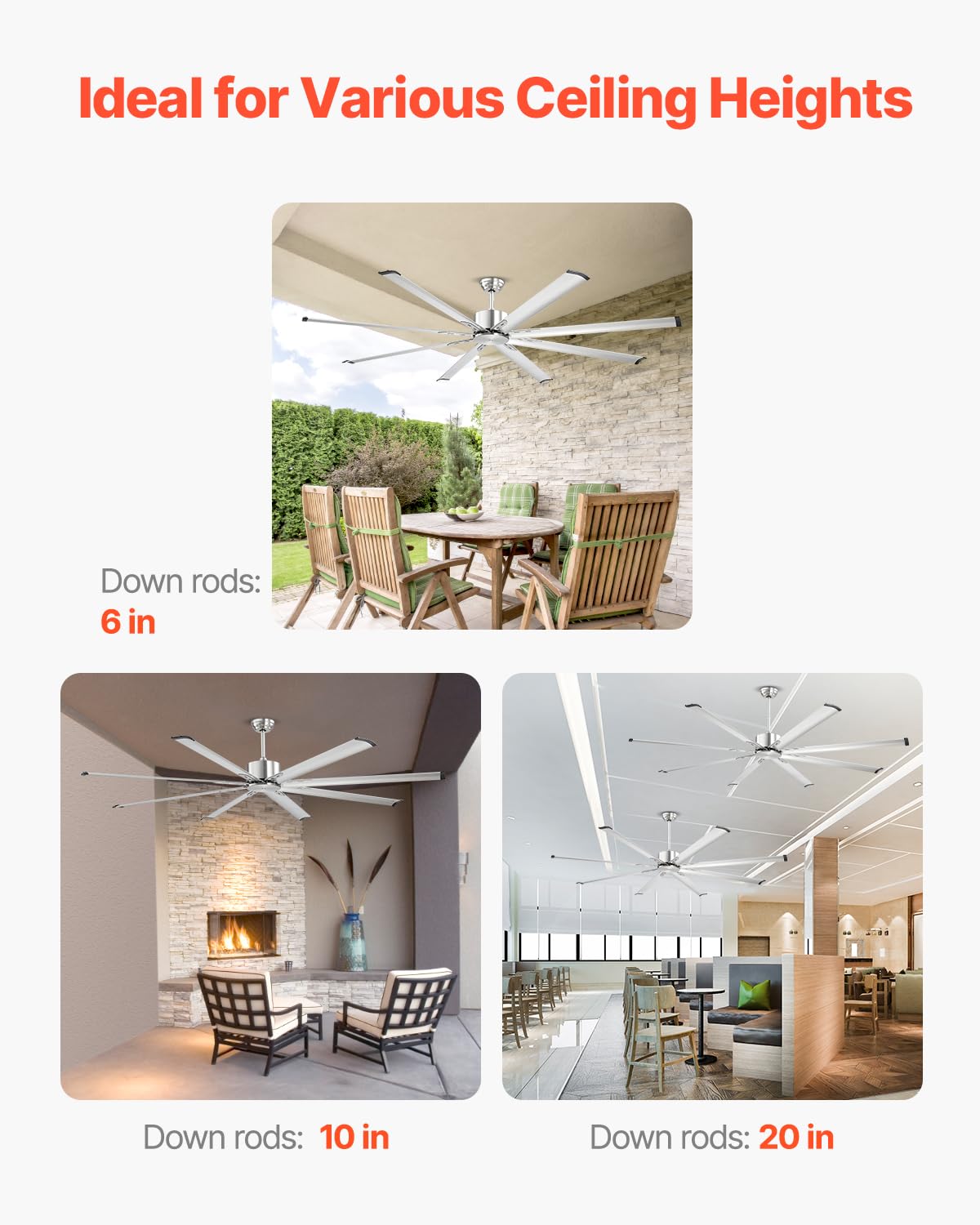 VEVOR Ventilateur de Plafond sans Lumière 214 cm Télécommande 6 Vitesses 8 Pales Aluminium, Moteur CC Réversible, Ventilateur Moderne pour Chambre à Coucher, Salon, Intérieur, Extérieur, Nickel Brossé